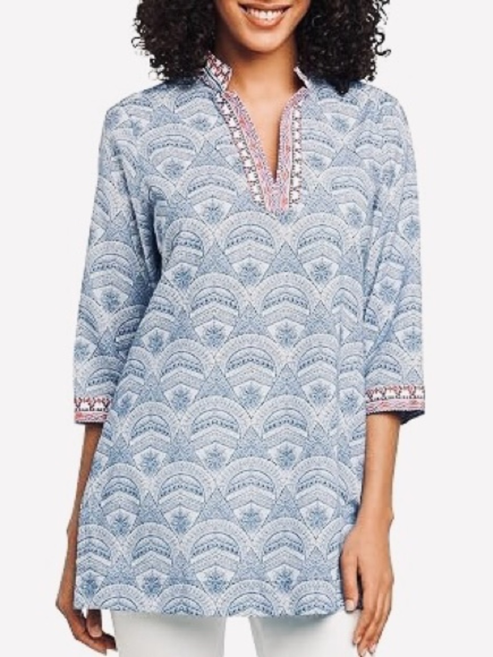 FOXCROFT Tunic Blue & White Geometric 3/4 Sleeve Wrinkle Free Cotton Size 10